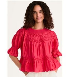 Merlette Smocked Puff-Sleeve Pima Cotton Blouse Ruffle Cuff Zinnia